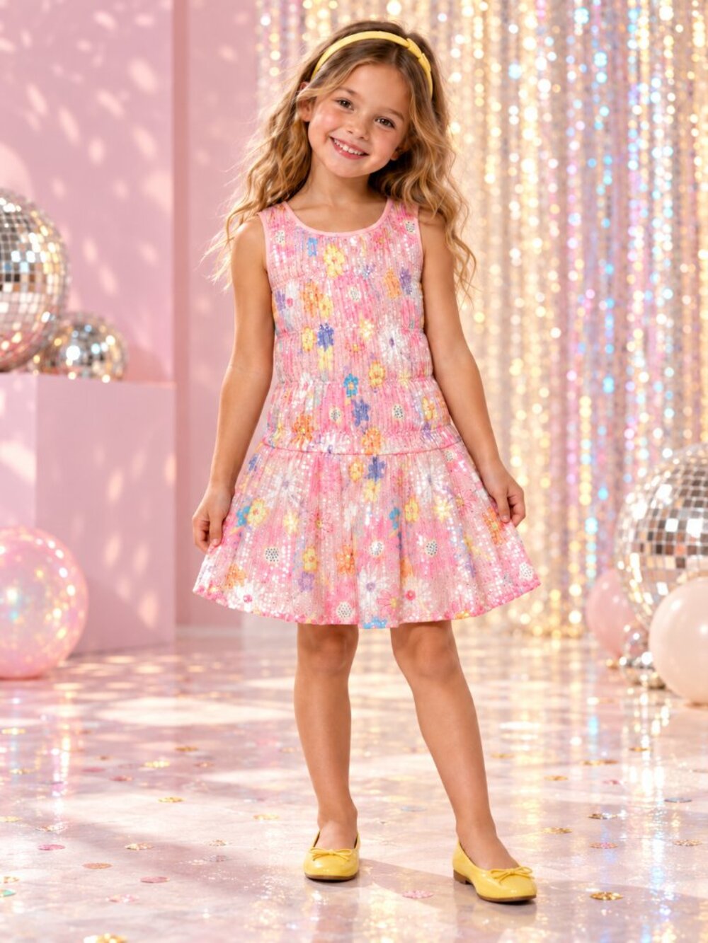 Hannah Banana Smocked Floral Print Sequin Dress ~ Pink Multi